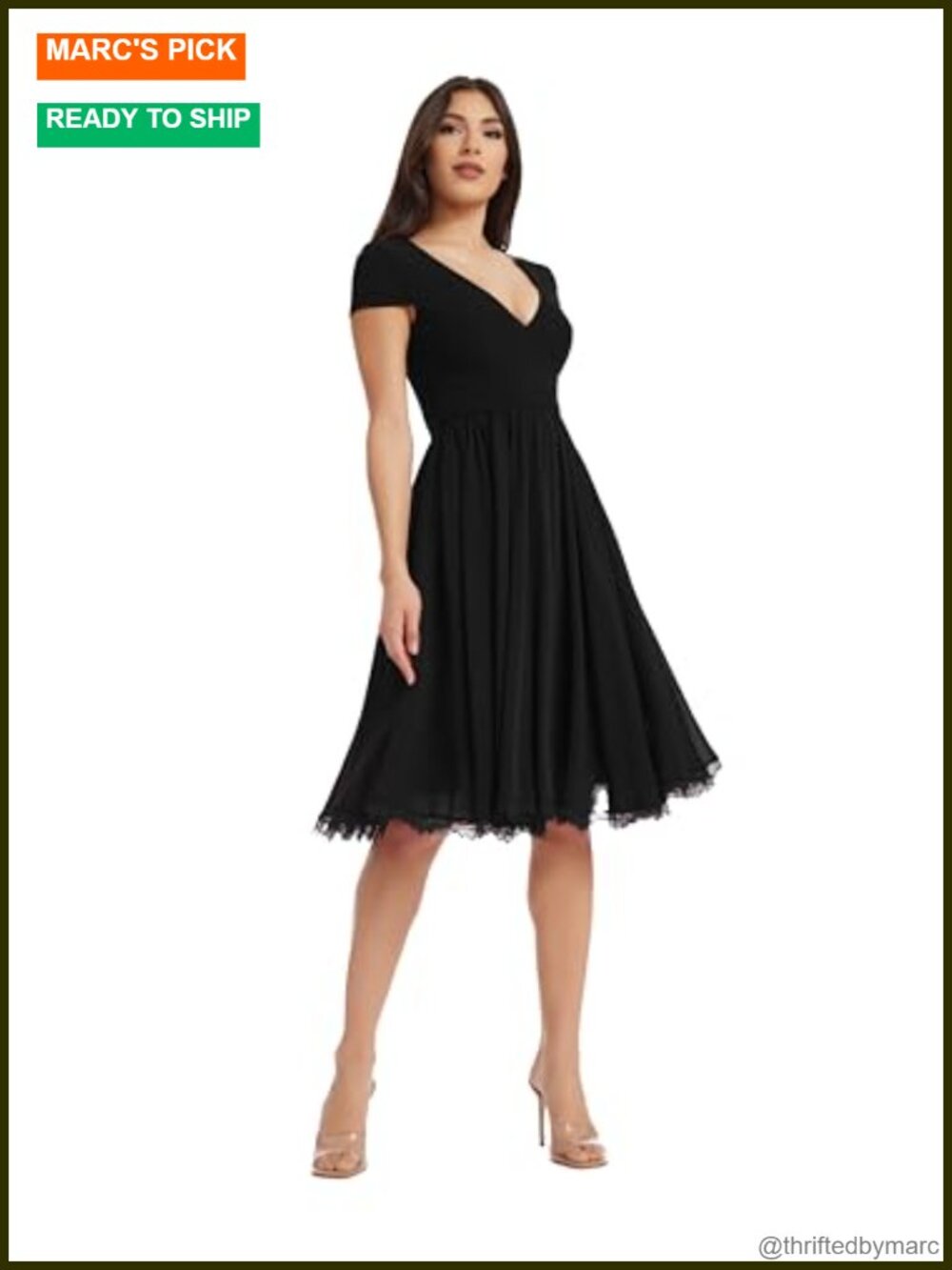 Fit and Flare Plunge Neck Cap Sleeve Chiffon Cocktail Dress